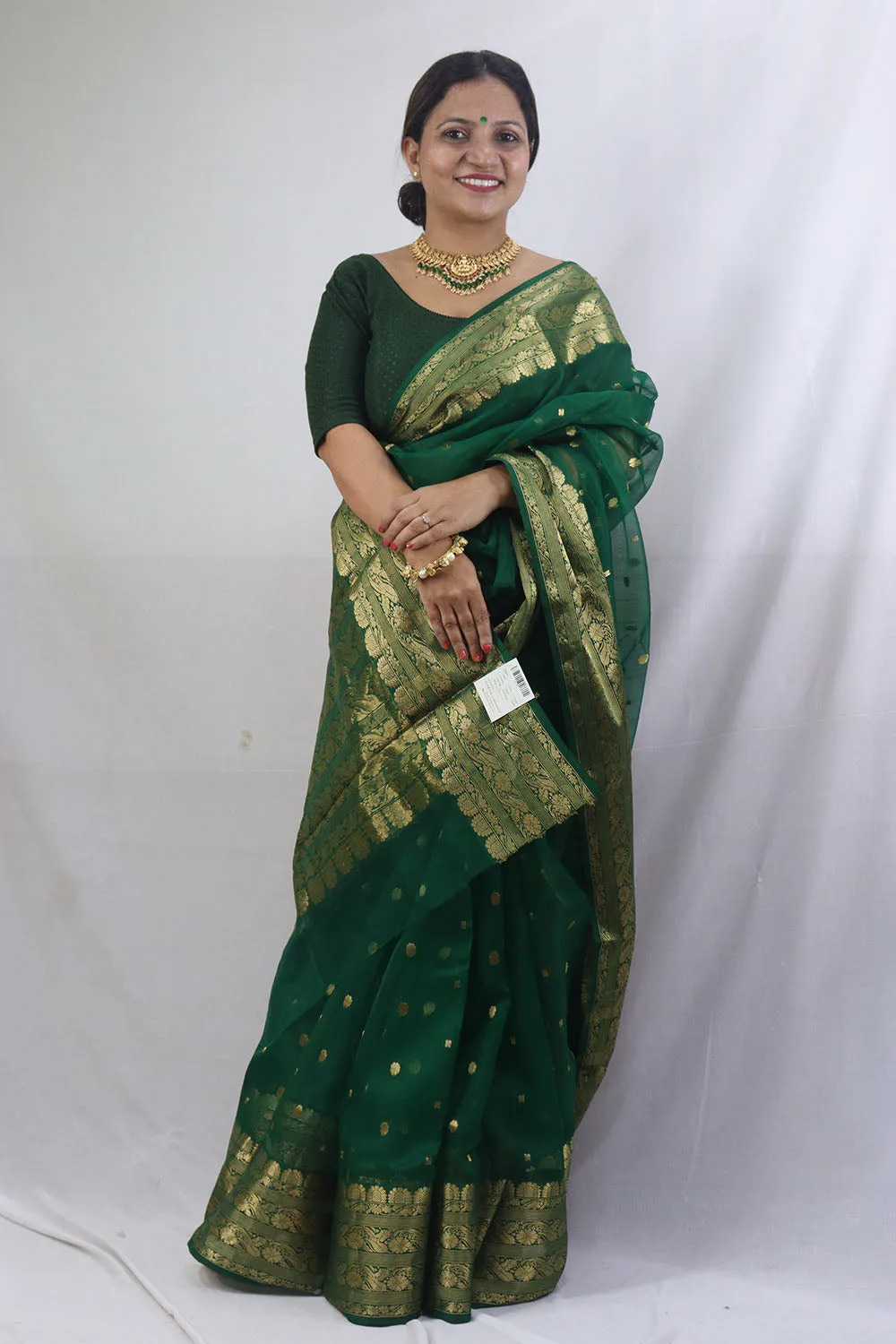 Green Chanderi Handloom Pure Katan Silk Saree - Elegant and Ethereal