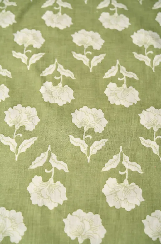 Green Ivory Flower Pattern Printed Summer Pure Cotton Fabric