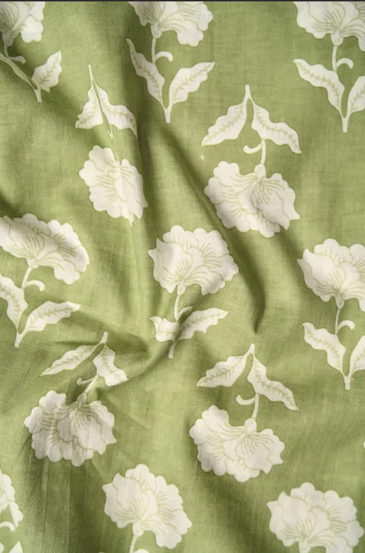 Green Ivory Flower Pattern Printed Summer Pure Cotton Fabric