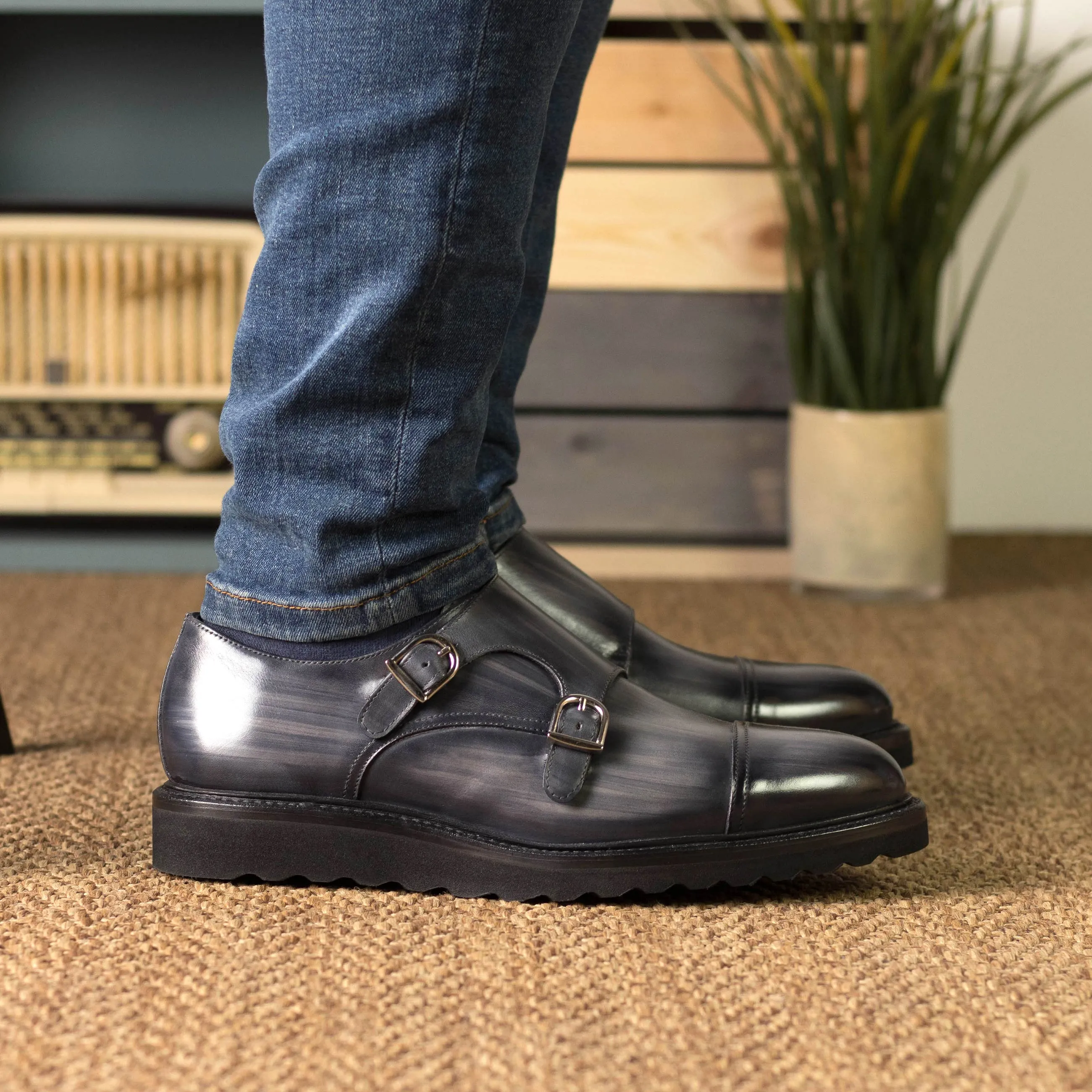 Grey Patina Leather Double Monk Strap