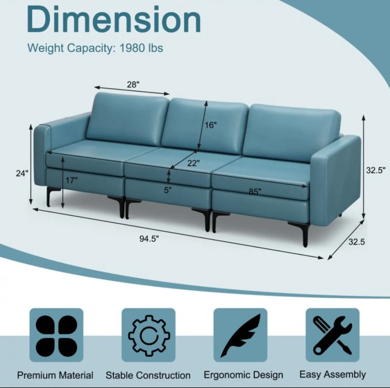 Heavy Duty Elegant 3-Seater Sectional Sofa Couch With Armrests | Storage Compartment | Metal Legs | Easy Assembly | Holds 1980Lbs | Linen or Leather Fabric