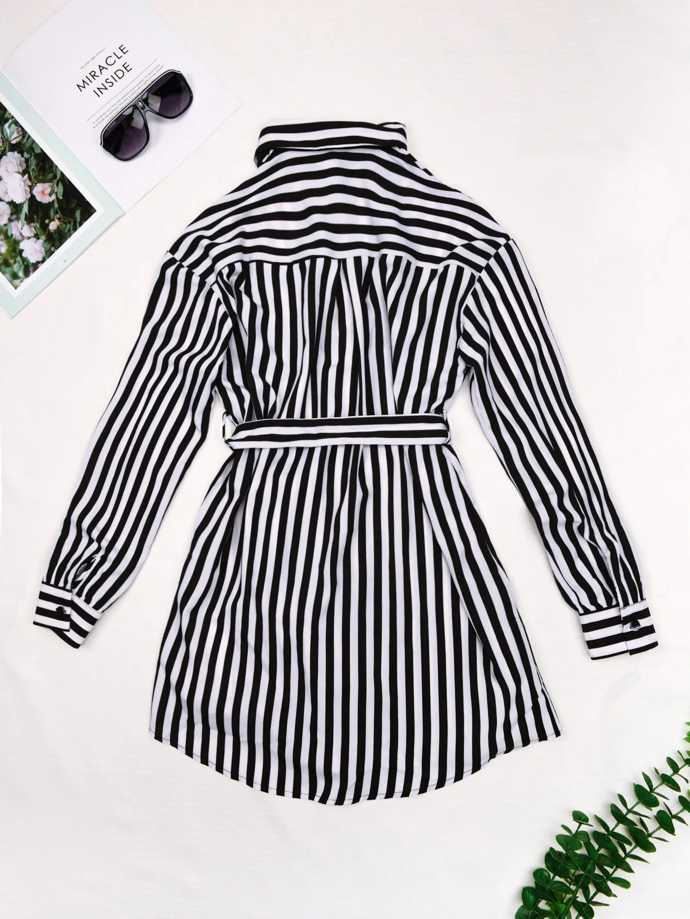 KittenAlarm - Patch Pocket Belted Striped Shirt Dress