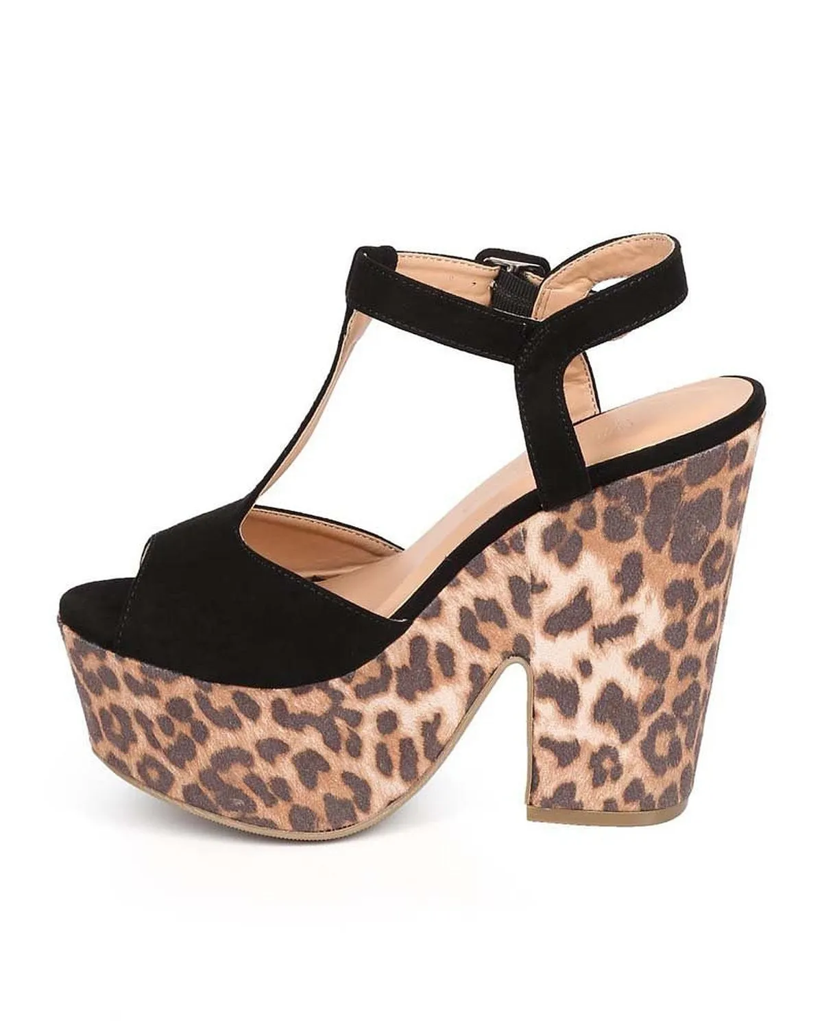 Leopard Animal Suede T-Strap Peep Toe Chunky Heel Platform Sandal