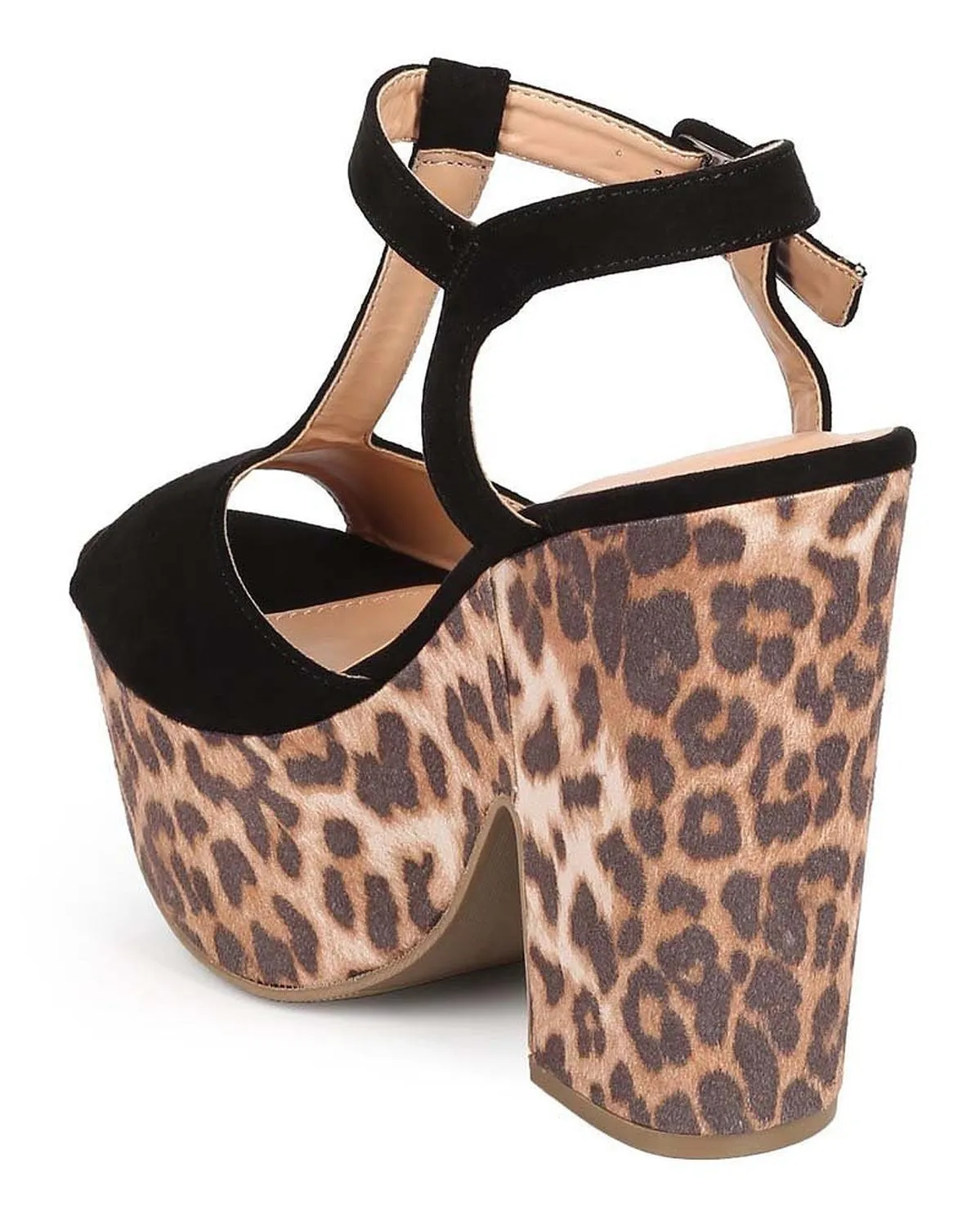 Leopard Animal Suede T-Strap Peep Toe Chunky Heel Platform Sandal