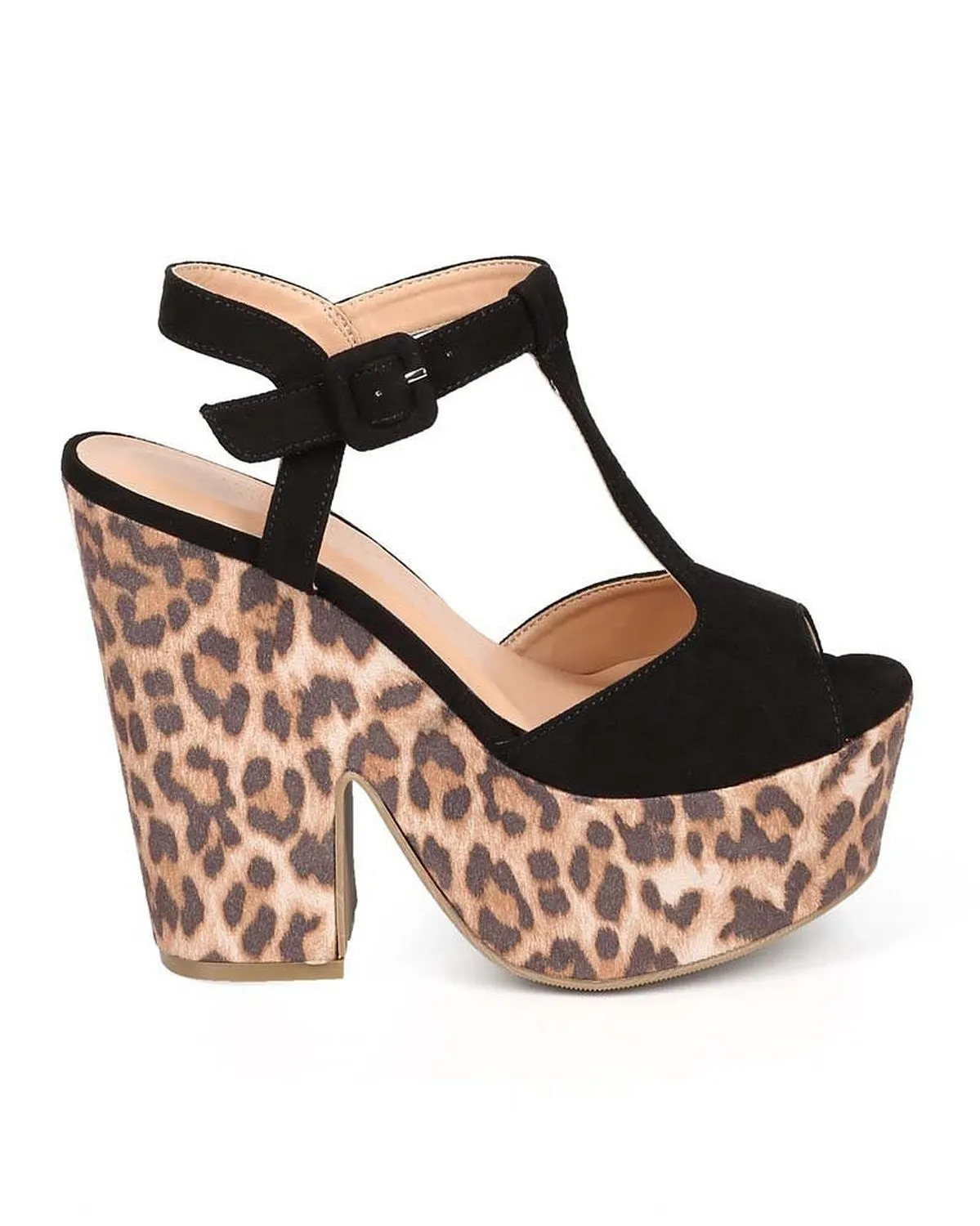 Leopard Animal Suede T-Strap Peep Toe Chunky Heel Platform Sandal