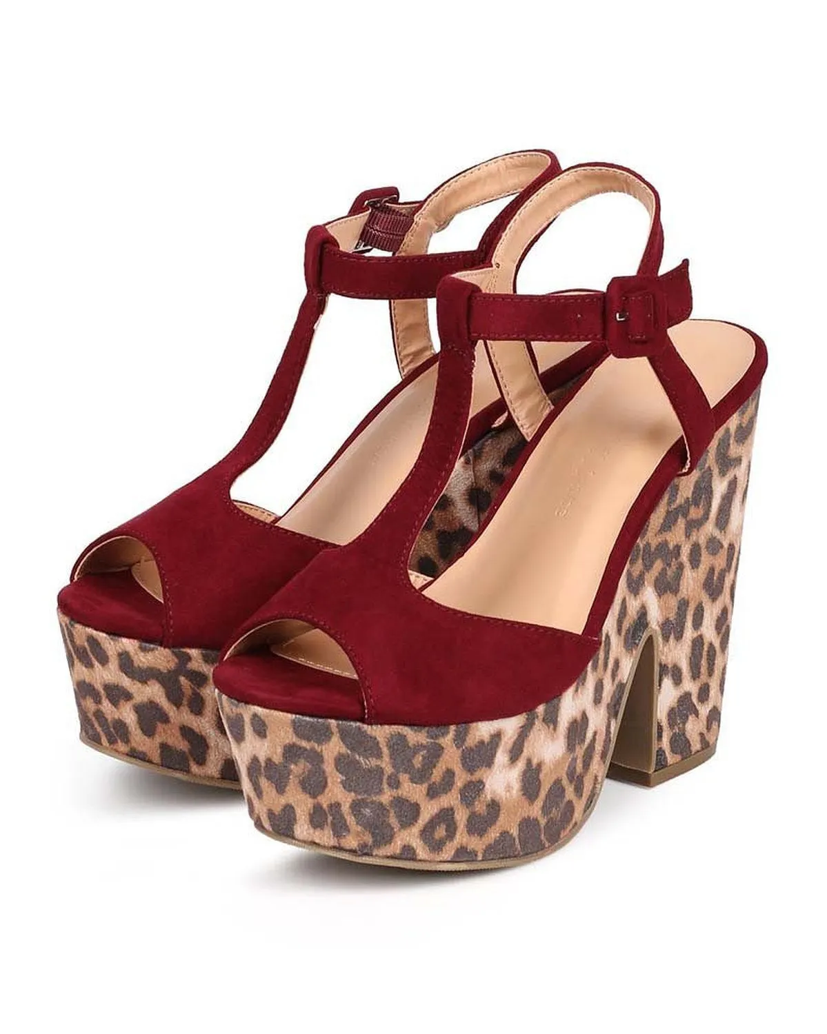 Leopard Animal Suede T-Strap Peep Toe Chunky Heel Platform Sandal