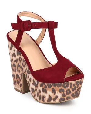 Leopard Animal Suede T-Strap Peep Toe Chunky Heel Platform Sandal