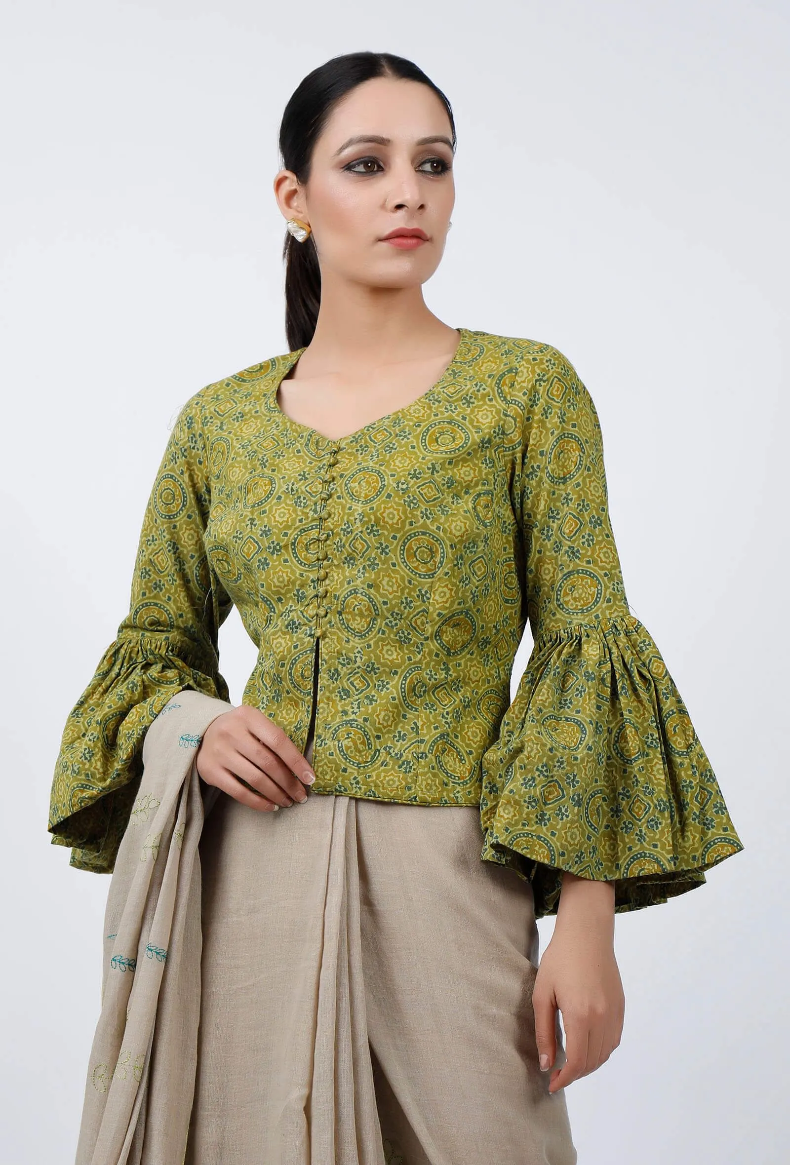 Light Green Ajrakh Hand Block Printed Cotton Blouse