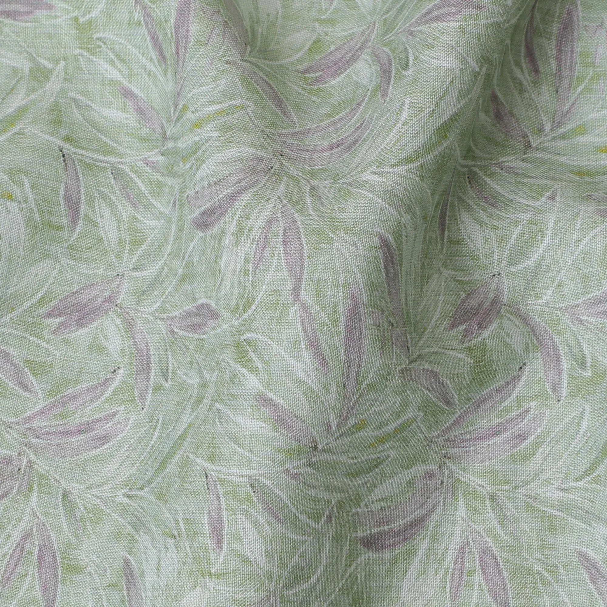 Light Green and Lavender Leaf Print Pure Linen Fabric - 150 cm Width-D20001