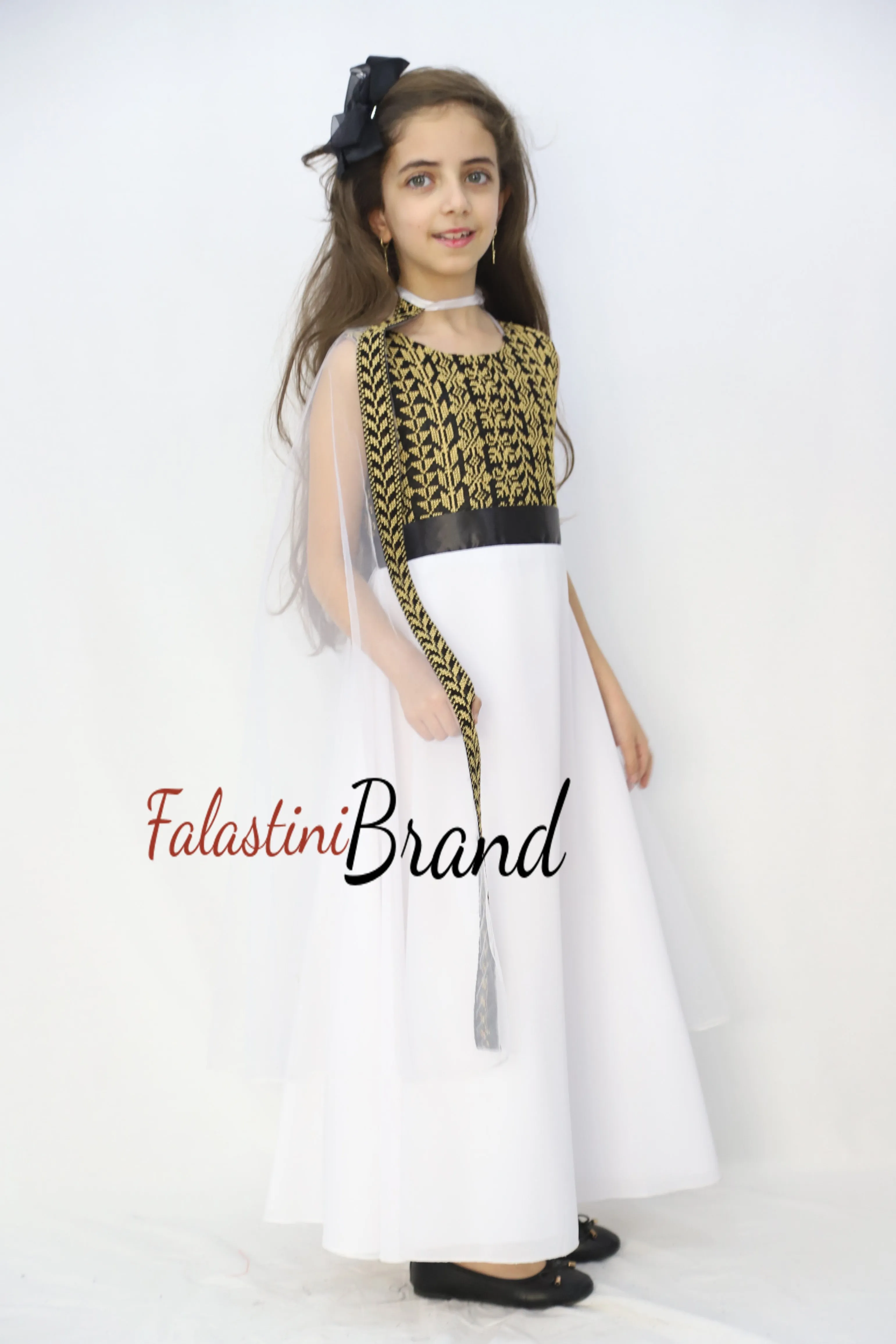 Little Girl Cloche Palestinian Golden Embroidered White Dress