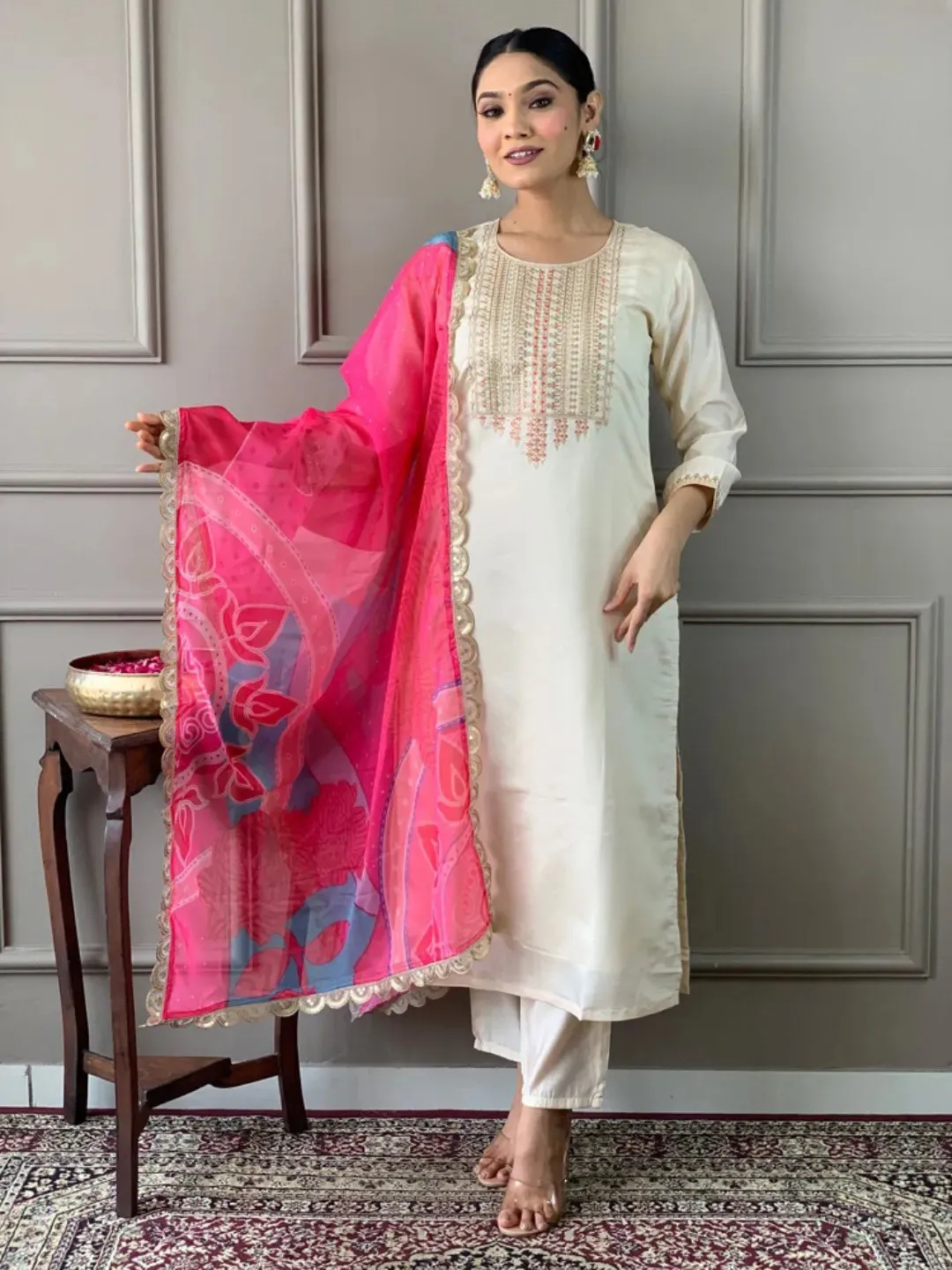 Majestic Off-White Embroidered Viscos Chanderi Salwar Kameez