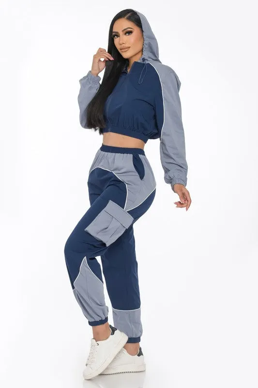 Navy Combo Active Contrast Piping Jogger Set