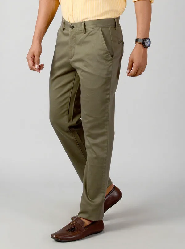 Olive Green Solid Slim Fit Casual Trouser | JadeBlue