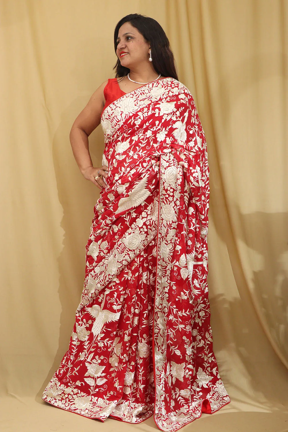 Parsi Gara Georgette Saree with Pinkish Red Embroidery