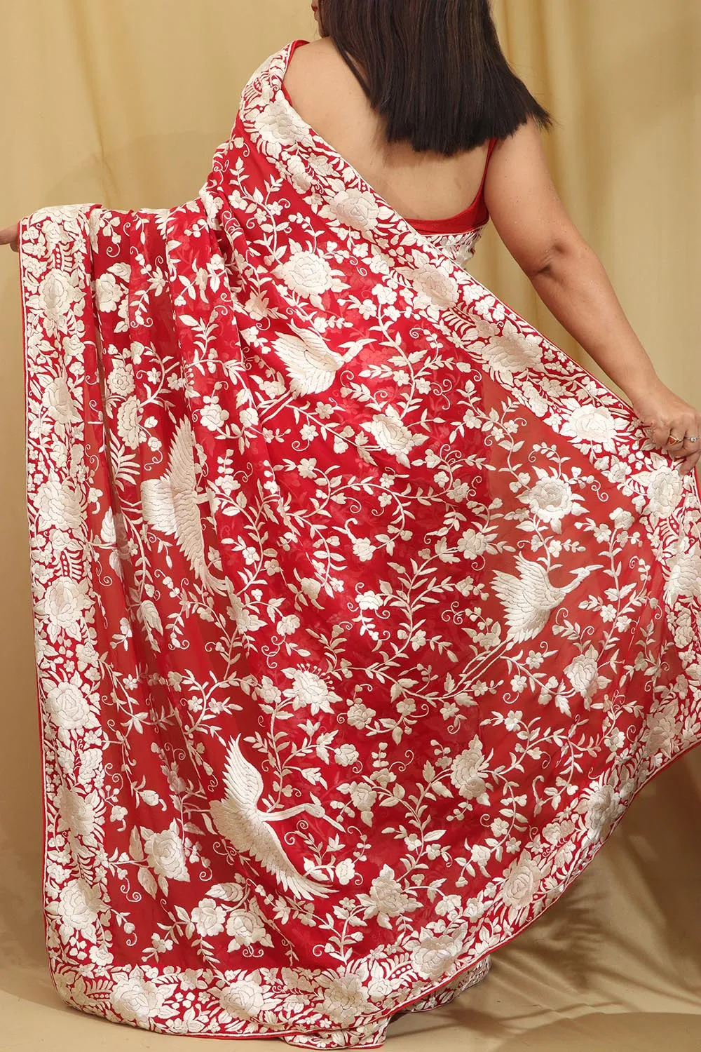 Parsi Gara Georgette Saree with Pinkish Red Embroidery