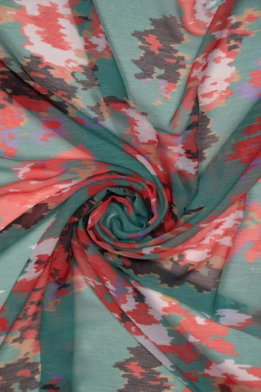 Persean Green Ikkat Inspired Pattern Printed Chiffon Fabric