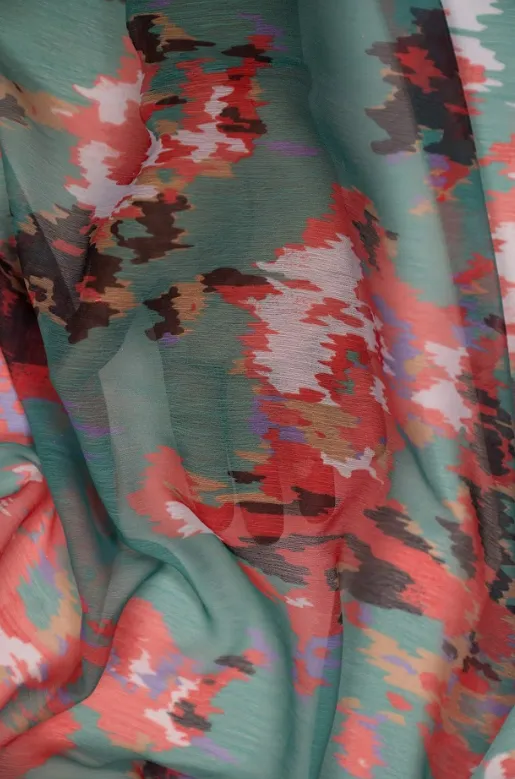 Persean Green Ikkat Inspired Pattern Printed Chiffon Fabric