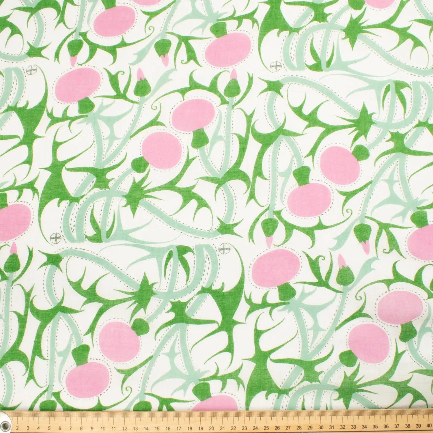 Printed Cotton Voile Design-27 Green Vines & Pink Fruit on White