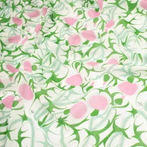 Printed Cotton Voile Design-27 Green Vines & Pink Fruit on White