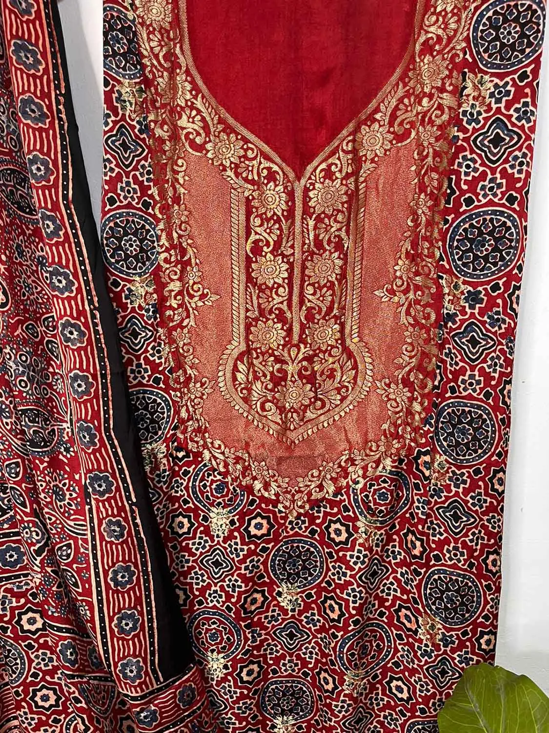 Red Ajrakh Block Printed Pure Modal Silk Unstitched Two Piece Suit Set