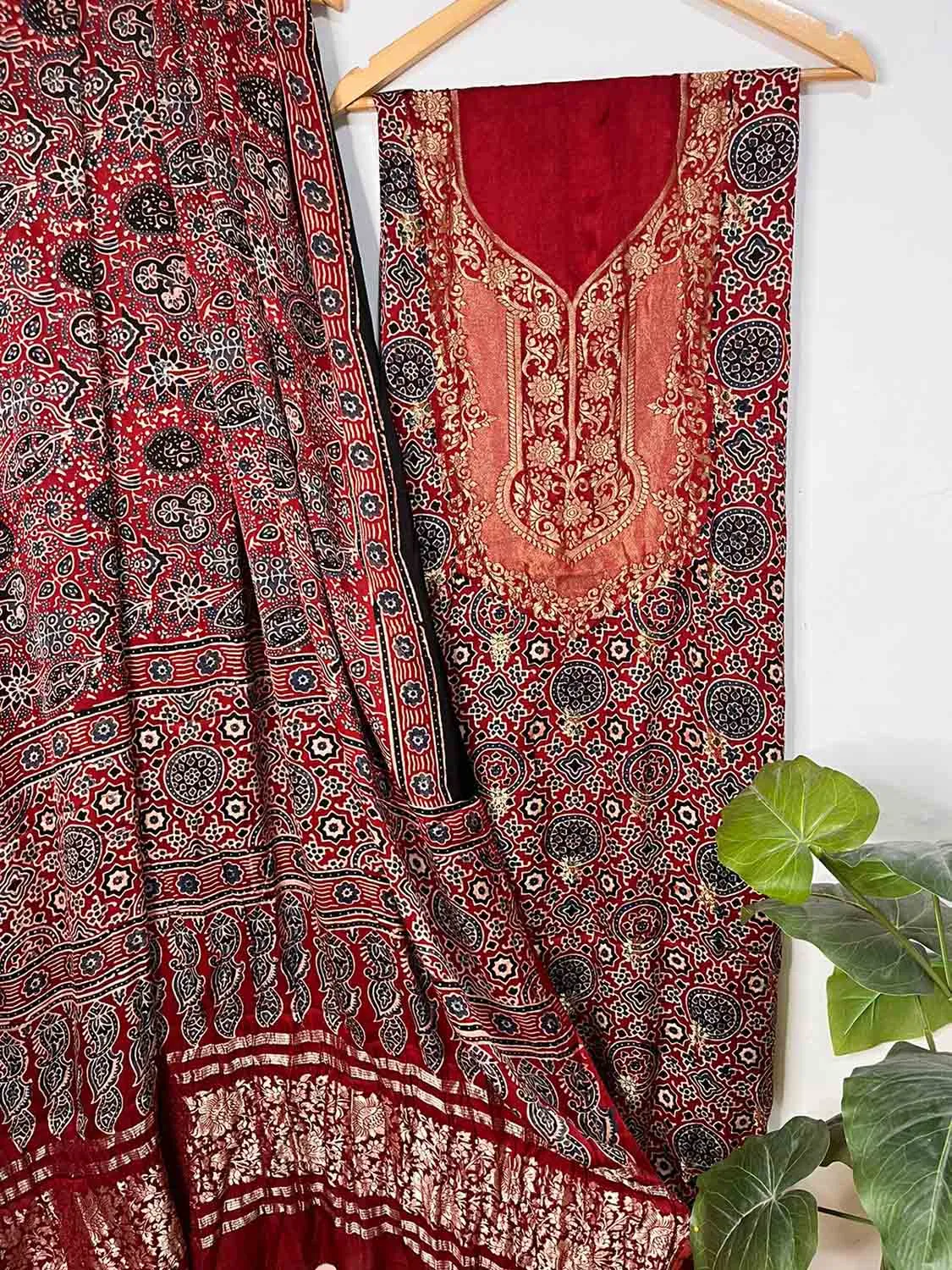 Red Ajrakh Block Printed Pure Modal Silk Unstitched Two Piece Suit Set