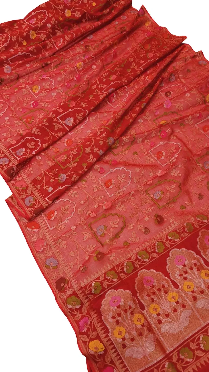 Red Banarasi Handloom Pure Cotton Saree - Elegant and Traditional