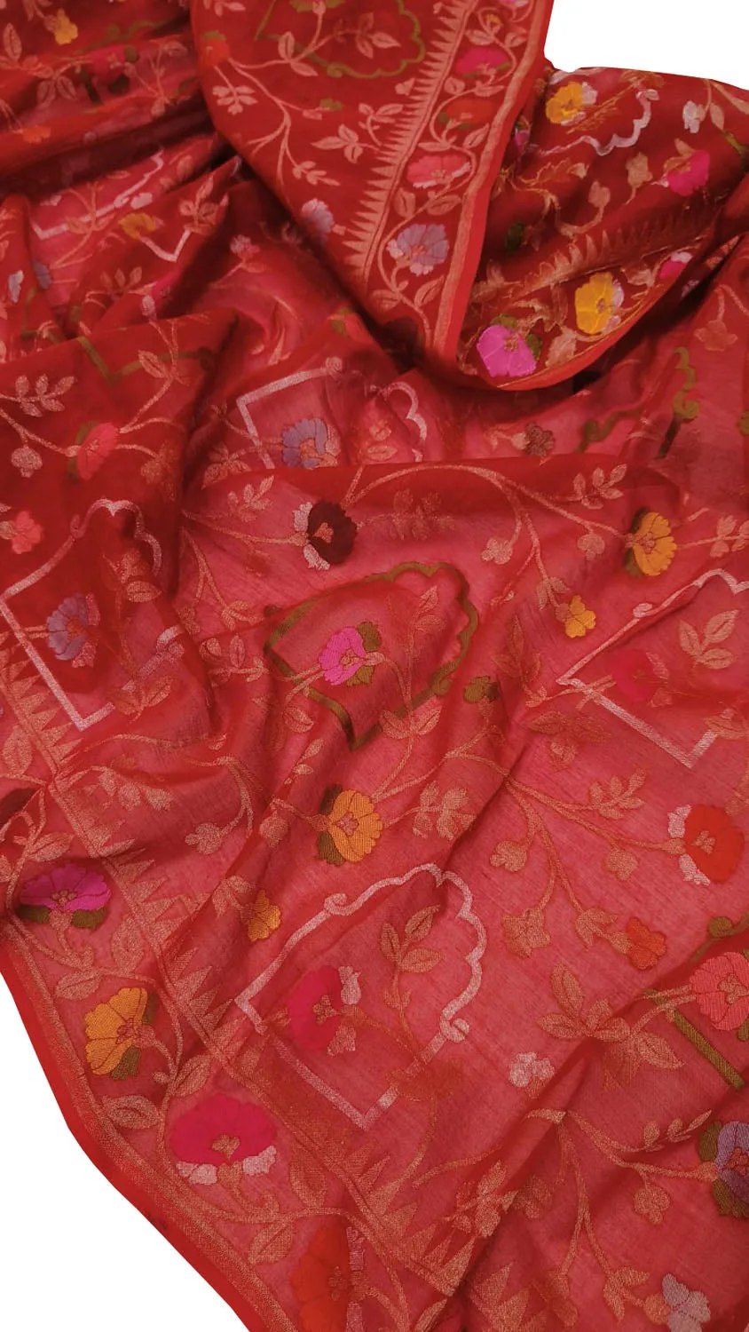 Red Banarasi Handloom Pure Cotton Saree - Elegant and Traditional