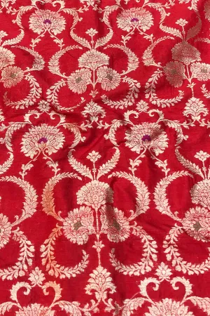 Red Banarasi Pure Raw Silk Meenakari Fabric ( 1 Mtr )