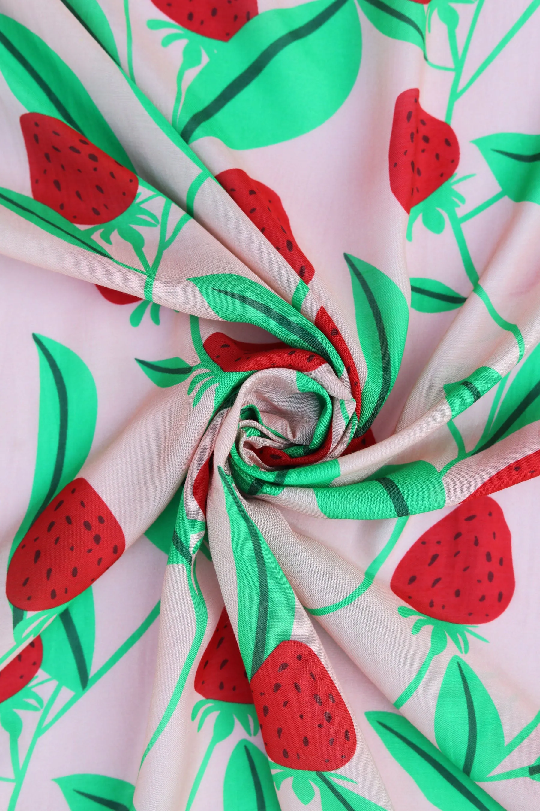 Red Strawberry Pattern Printed Natural Muslin Silk Fabric