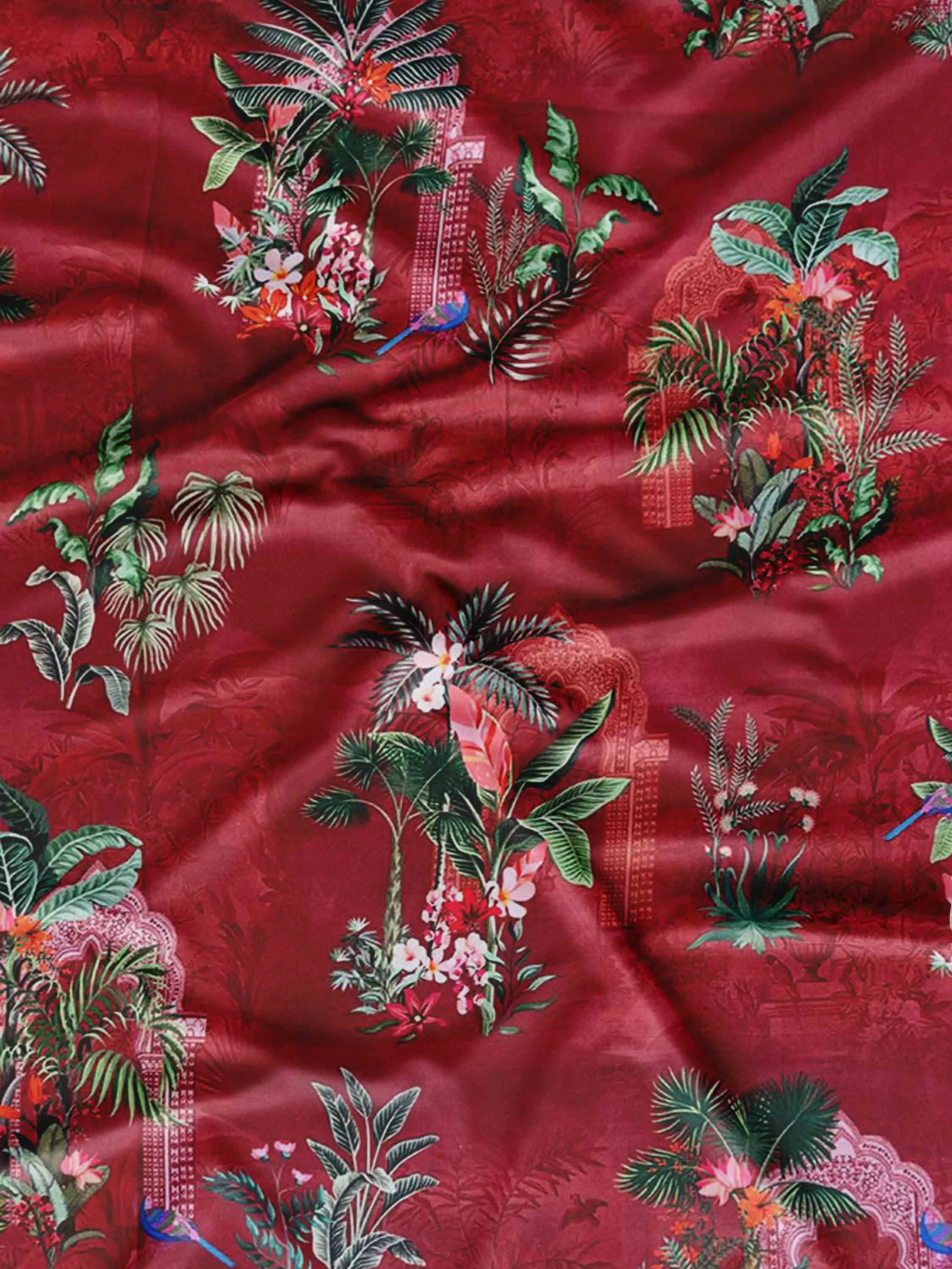 Rust Pichwai Floral Printed Modal Satin Fabric