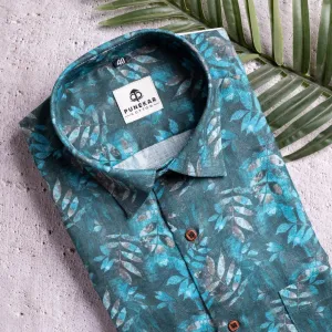 Sea Blue Color Leaf Printed Shirt For Men