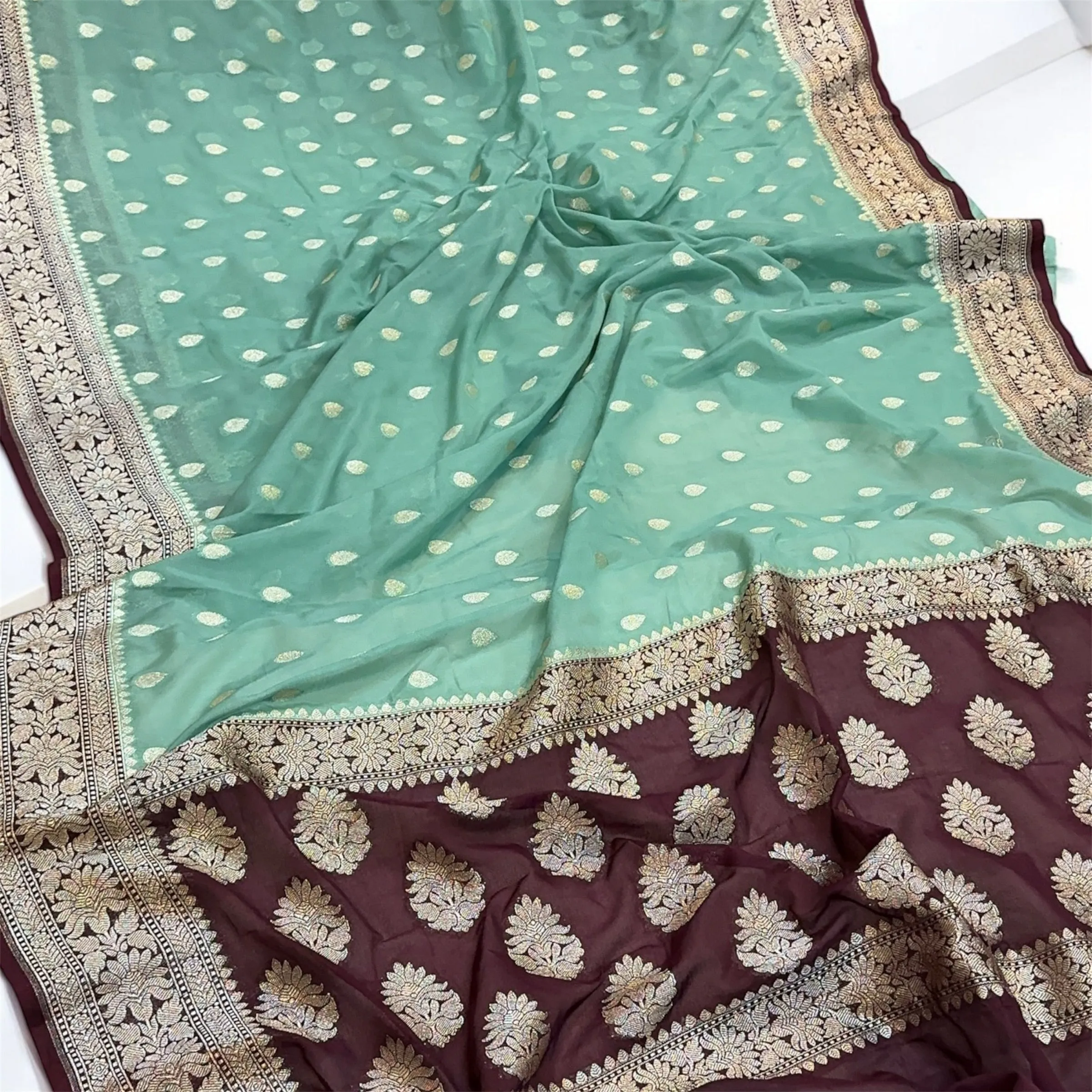 Serene Sophistication: The Sea Green & Brown Pure Chiffon Georgette Banarasi Saree