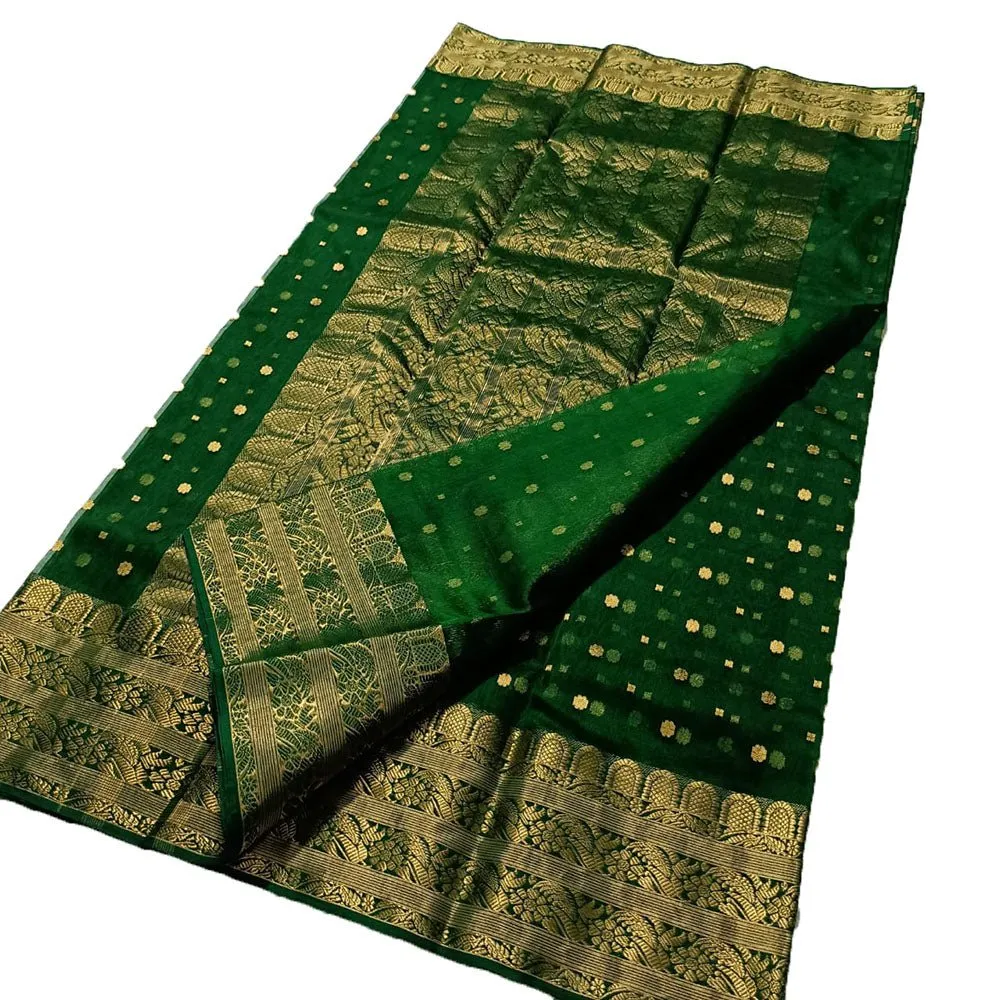 Stunning Green Handloom Chanderi Pure Katan Silk Saree - Perfect for Any Occasion!