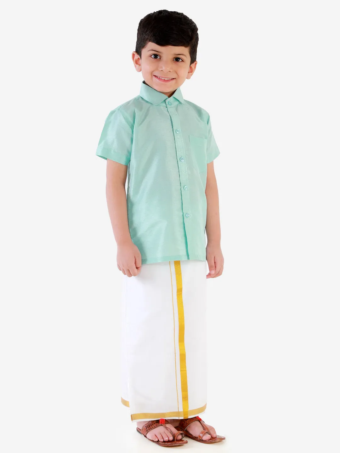 Vastramay Boys' Aqua Silk Short Sleeves Ethnic Shirt Mundu Vesty Style Dhoti Pant Set