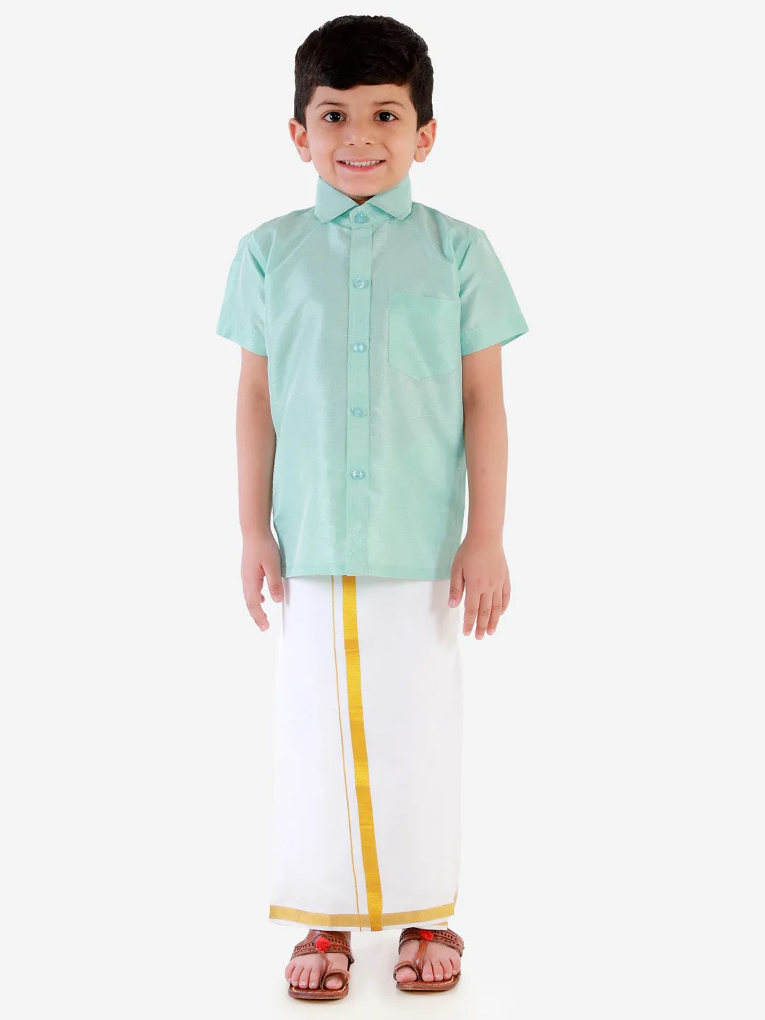 Vastramay Boys' Aqua Silk Short Sleeves Ethnic Shirt Mundu Vesty Style Dhoti Pant Set