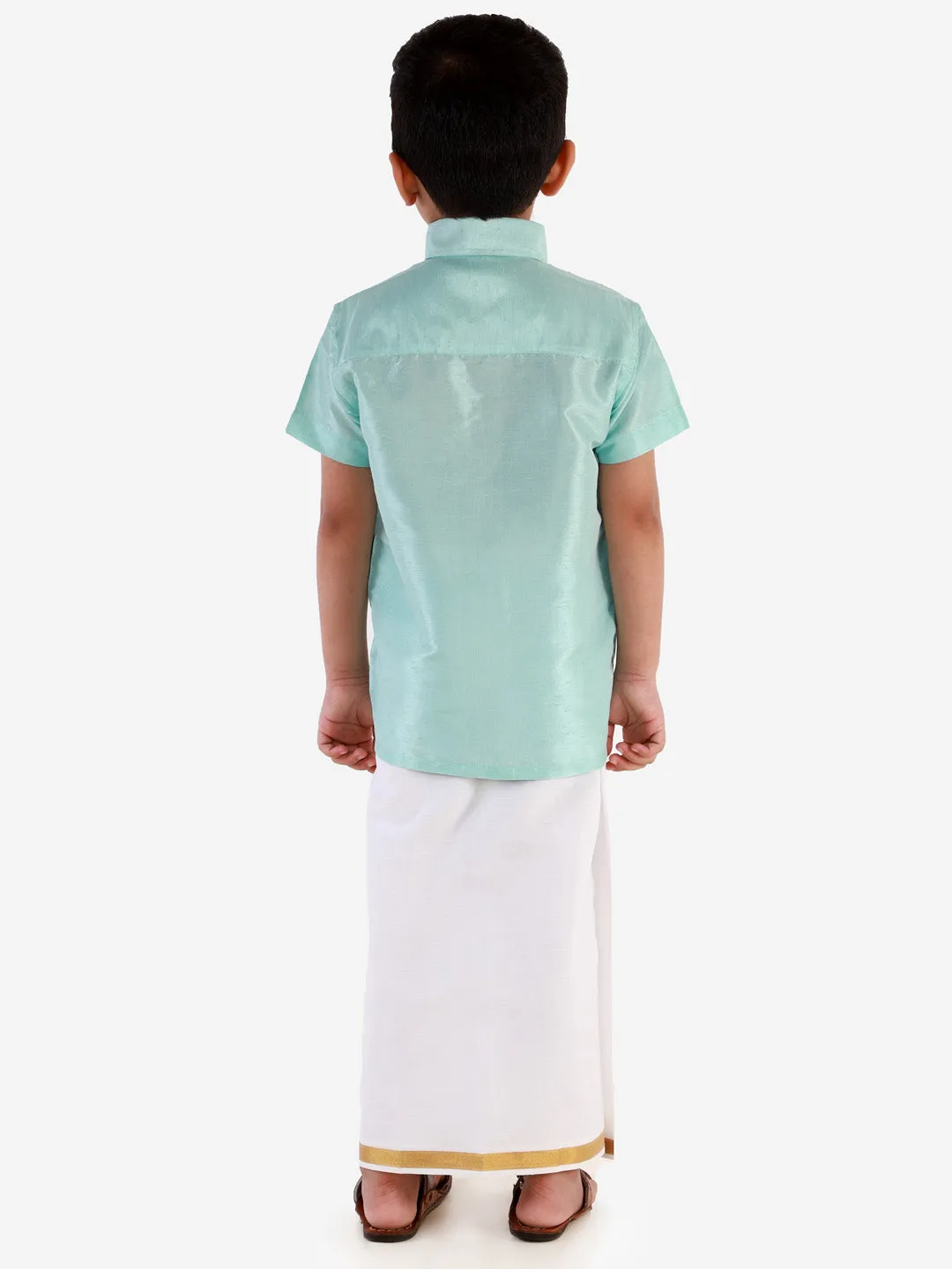 Vastramay Boys' Aqua Silk Short Sleeves Ethnic Shirt Mundu Vesty Style Dhoti Pant Set