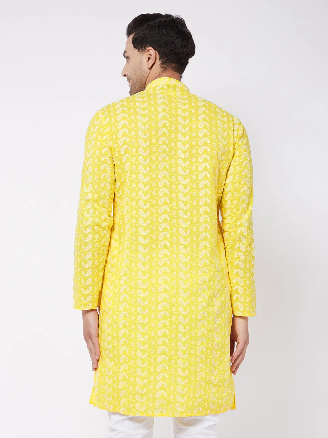 VASTRAMAY Men's Mustard Pure Cotton Chikankari Kurta