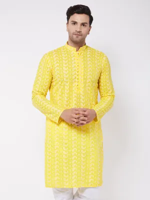 VASTRAMAY Men's Mustard Pure Cotton Chikankari Kurta