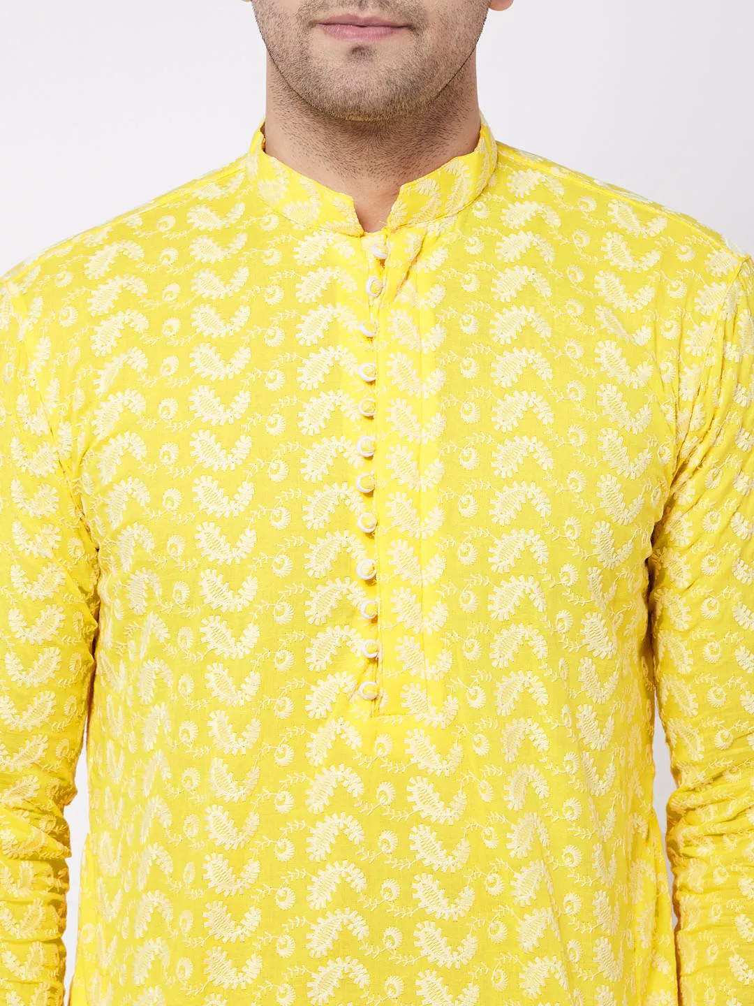 VASTRAMAY Men's Mustard Pure Cotton Chikankari Kurta