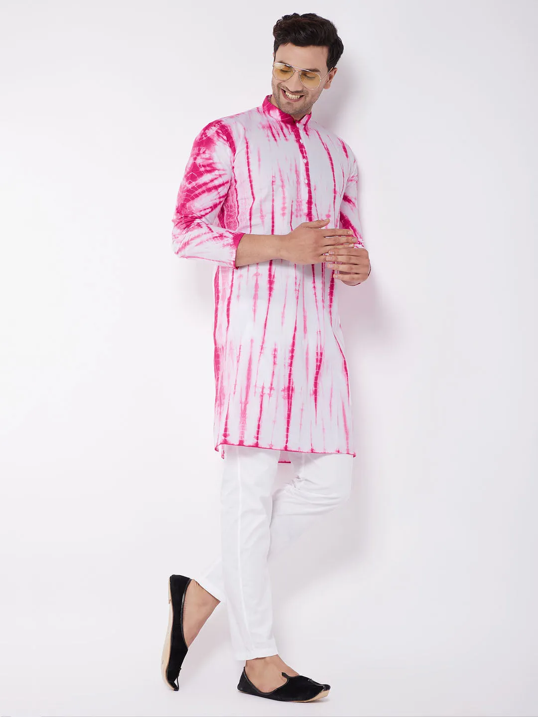 VASTRAMAY Men's Pink And White Cotton Tie Dye Kurta And Solid Pant Style Cotton Pyjama Set