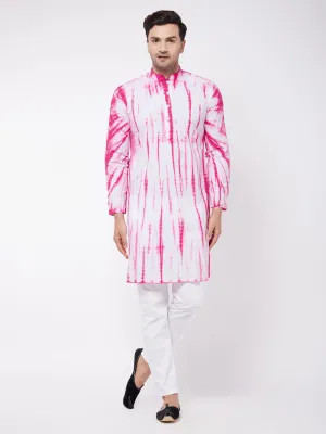 VASTRAMAY Men's Pink And White Cotton Tie Dye Kurta And Solid Pant Style Cotton Pyjama Set