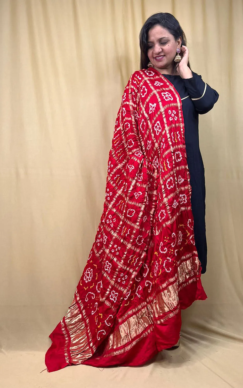 Vibrant Red Bandhani Gajji Silk Dupatta - Pure Elegance