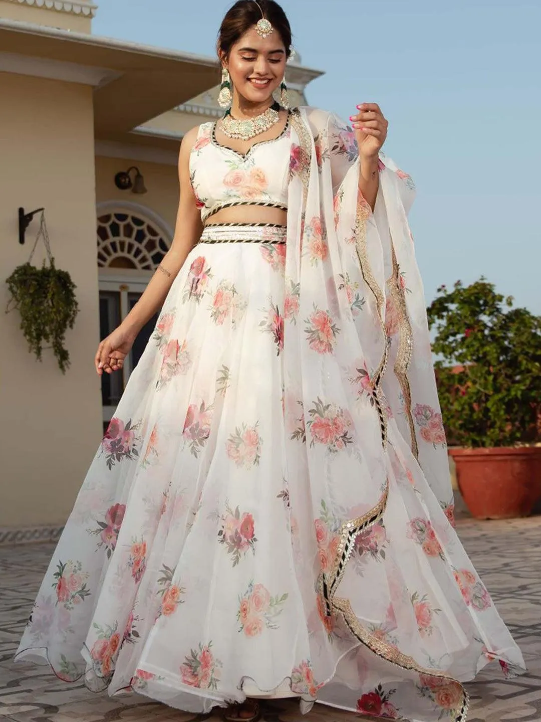 White Organza Printed floral lehenga Choli