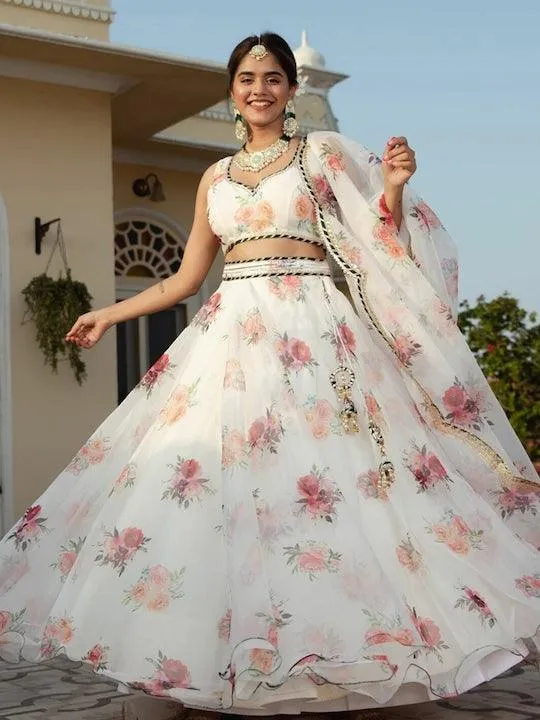 White Organza Printed floral lehenga Choli