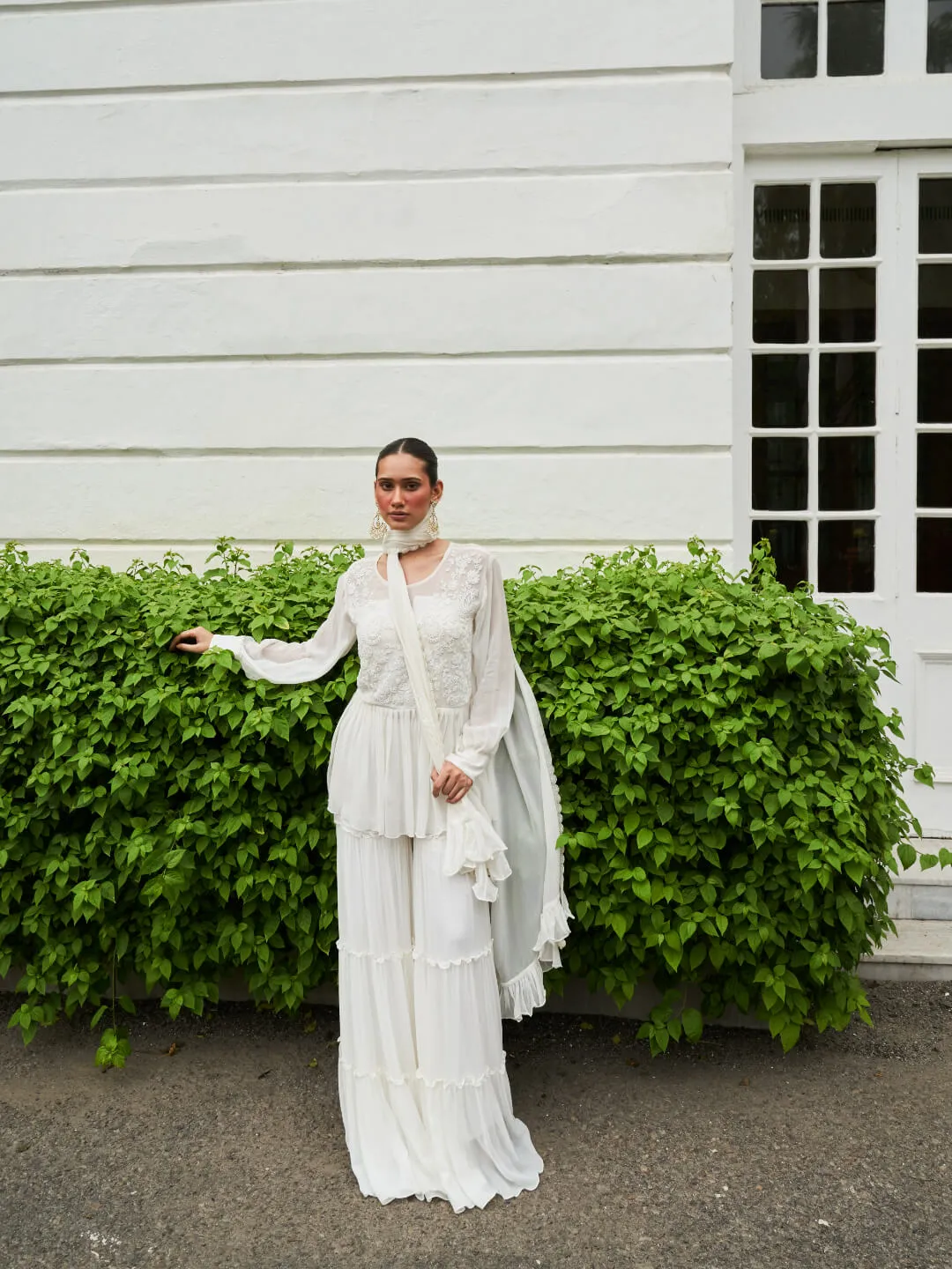 WHITE PURE GEORGETTE PEPLUM SHARARA SET WITH INTRICATE HAND EMBROIDERY