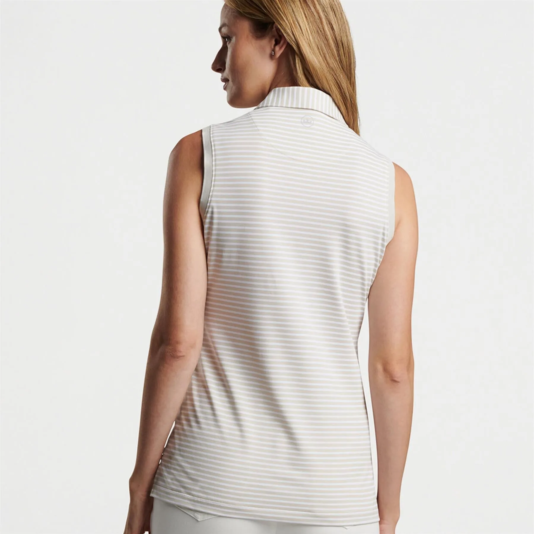 Womens Banded Sport Mesh Sleeveless Button Polo Stone/White - AW24