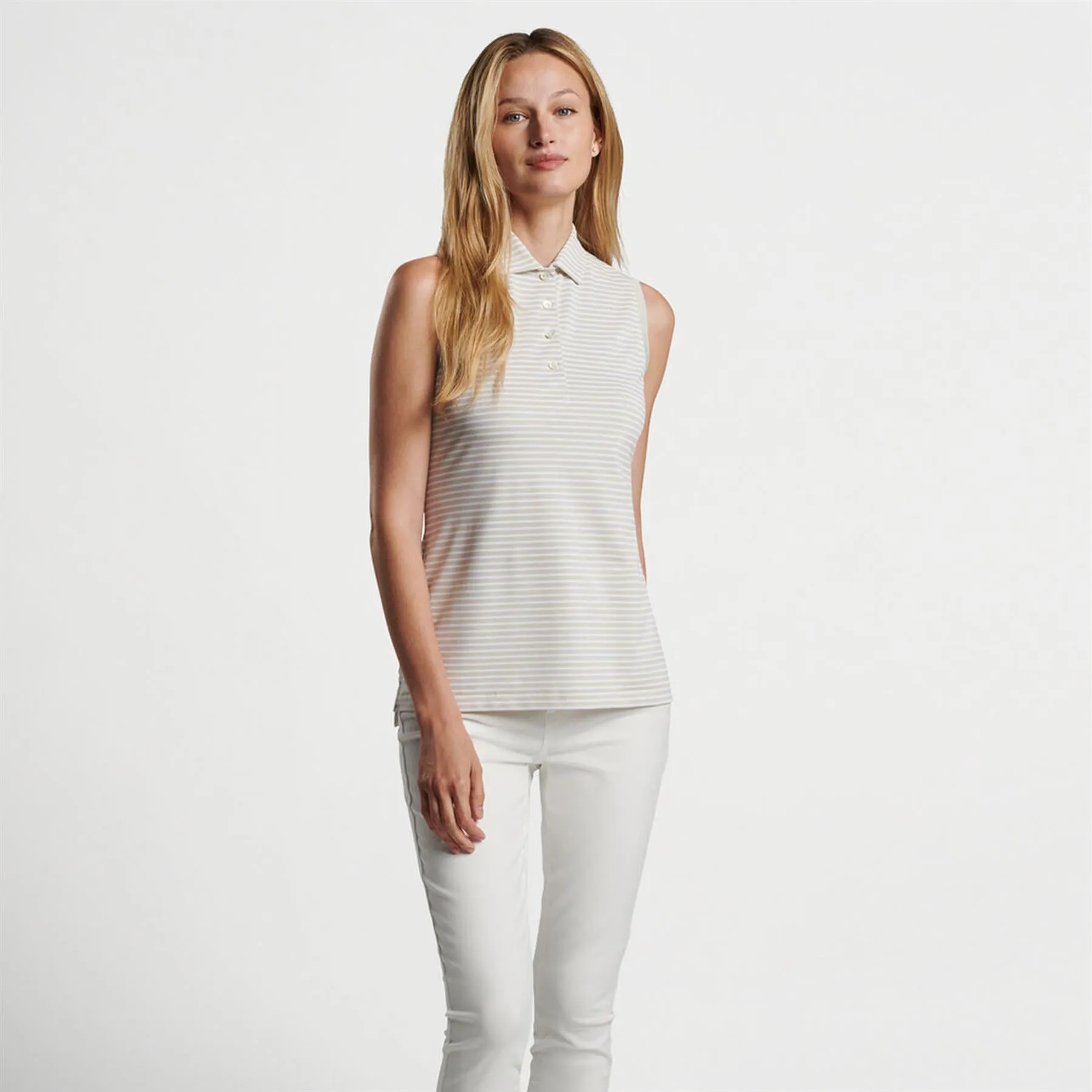 Womens Banded Sport Mesh Sleeveless Button Polo Stone/White - AW24