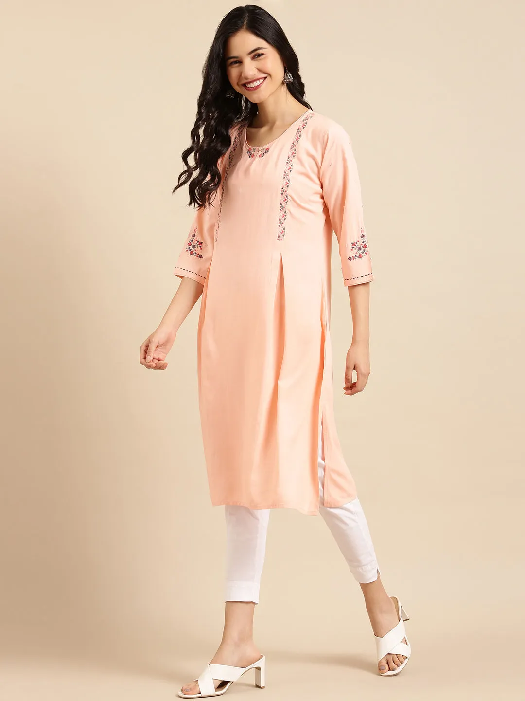 Women's Pink Embroidered Straight Kurta