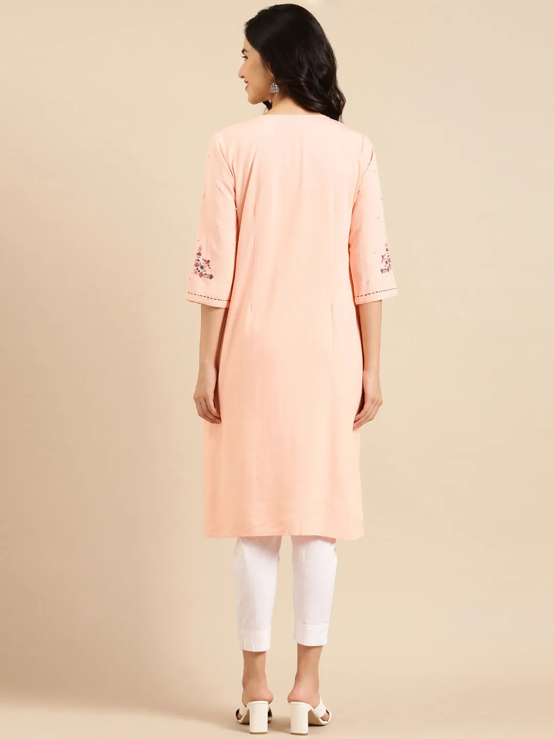 Women's Pink Embroidered Straight Kurta